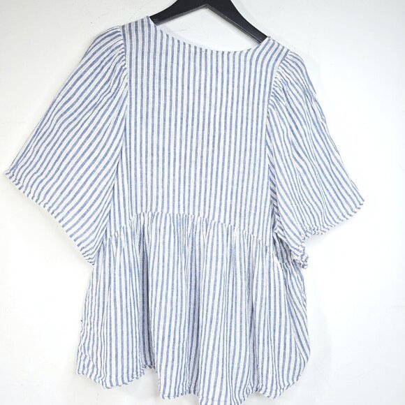 Cato White Blue Stripe Linen Flutter Sleeve Button Front Flowy Babydoll Top - Picture 3 of 5